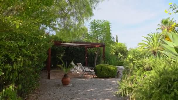 Avanzando cámara de vídeo, lujosa piscina de ocio para los turistas. Hermoso jardín. Camas de sol bajo un dosel. Día soleado. — Vídeos de Stock