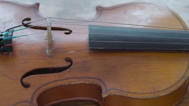 Violino clássico retrô antigo, primeiro tamanho, em uma mesa de madeira. Humor musical dramático. Vá da esquerda para a direita. Fechar — Vídeo de Stock