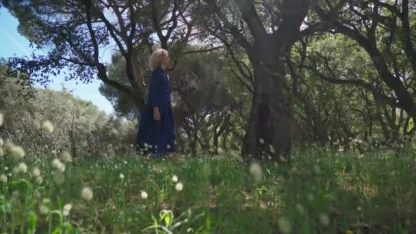 Uma mulher européia, de meia-idade em um vestido, caminha sobre um prak com grama alta. Com um humor romântico filosófico. Movimento lento — Vídeo de Stock