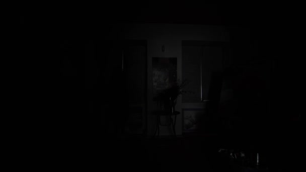 一位中年妇女艺术家背对着镜头站在一家艺术作坊的一间黑暗房间里，打开了一扇窗户。阳光照亮了艺术作坊.用丙烯酸涂料画的画. — 图库视频影像