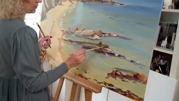 Mujer artista de dibujos, preparándose para crear una imagen de pintura abstracta. En el taller de las galerías.. — Vídeo de stock