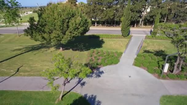 Vista aérea de uma menina esportiva em patins. Condução em asfalto em um parque verde. Aptidão. Vista lateral. — Vídeo de Stock