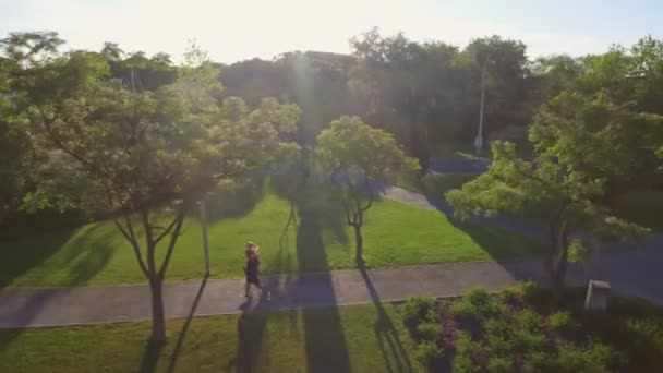 空中观看跑步妇女与中年健身教练在公园沥青路面上。树，绿草，草坪蓝天阳光灿烂的日子。侧视图. — 图库视频影像
