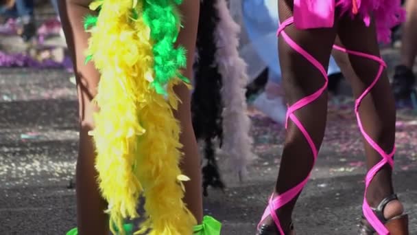 La celebración tradicional de la diversión y la danza es el carnaval, los pies de los participantes en el carnaval pasan por las calles, vestidos con ropa de colores. — Vídeos de Stock