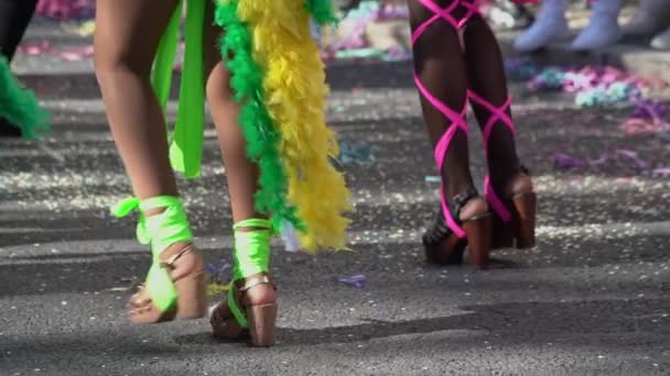 La celebración tradicional de la diversión y la danza es el carnaval, los pies de los participantes en el carnaval pasan por las calles, vestidos con ropa de colores. — Vídeos de Stock