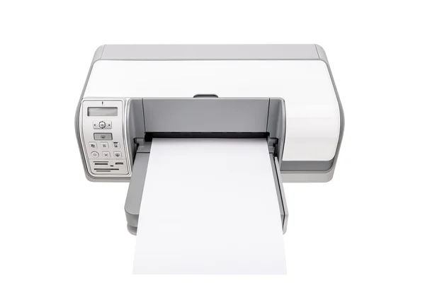 Kancelář tiskárna s čistým papírem textu. Izolované na bílém pozadí. — Stock fotografie