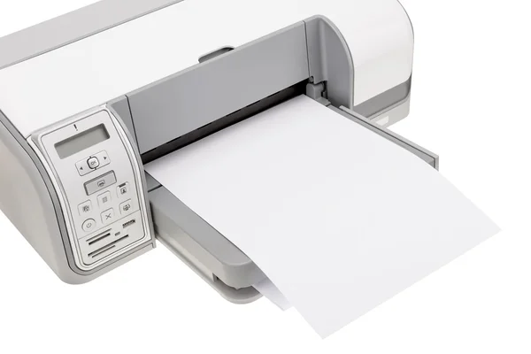 Office printer met papier voor het afdrukken van tekst. Close-up. — Stockfoto