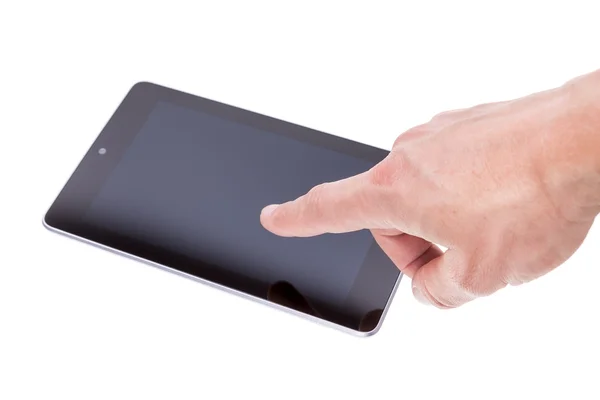 Man finger prints on a modern tablet. On a white background. — Stock Photo, Image