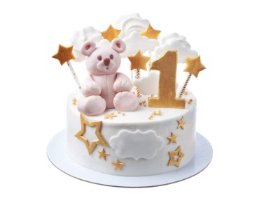 Oyuncak ayıların ve parlak süslerin yer aldığı ilk doğum günü pastası pelüş ayı süsü ve parlayan yıldızlarla süslenmiş enfes bir ilk doğum günü pastası.