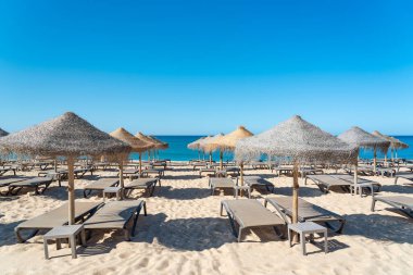 Güneş pansiyonları kumlu sahilde kuyruk olmuş. Hasır şemsiyeler gölge sağlar. Okyanus sakin ve gökyüzü açık. Görünürde bulut yok..