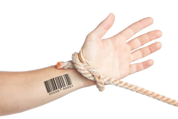 Limitation of personal privacy. Hand with barcode tied with a rope. — Stock Photo, Image