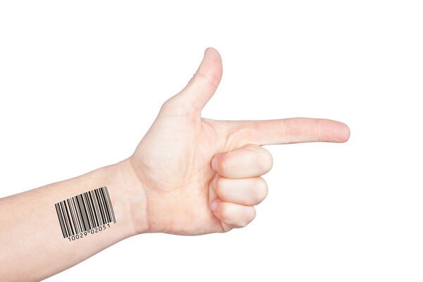 The actual direction of personal privacy. Hand with bar code points.