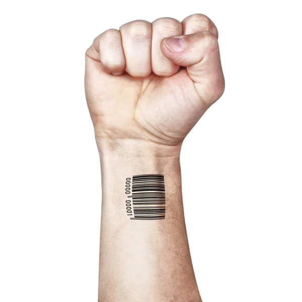 The fight against mass control confidentially. Fist and bar code. — Stock Photo, Image