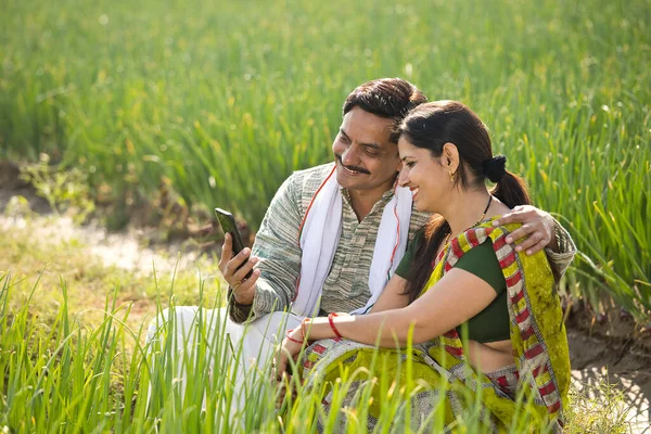 在农业领域使用移动电话的农村夫妇 — 图库照片