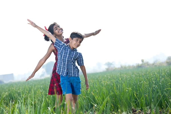 Crianças felizes se divertindo no campo agrícola — Fotografia de Stock