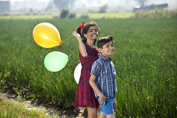 Щасливі діти з повітряними кулями в сільськогосподарському полі — стокове фото