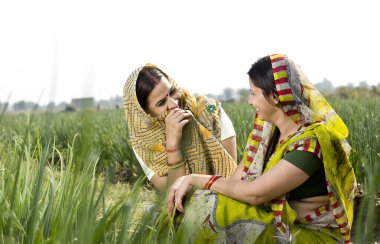 İki mutlu Hintli kırsal kadın tarlada konuşuyor.