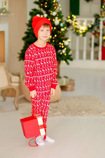 Boy Celebrates Christmas Home Boy Gift His Hands Child Christmas — Stock Photo, Image