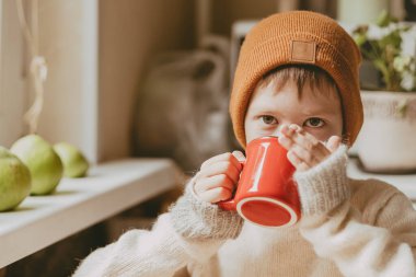 Süveter ve kahverengi şapkalı bir çocuk kırmızı bardaktan kakao içer. Elinde bir kupayla samimi bir fotoğraf..