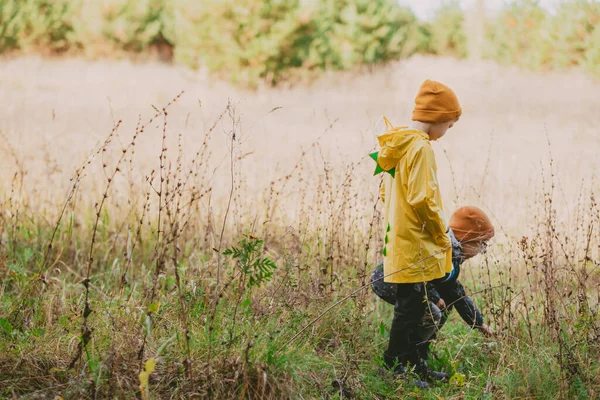 Boys Walking Autumn Field Boy Yellow Raincoat Walks Friend Bright — Stock Photo, Image