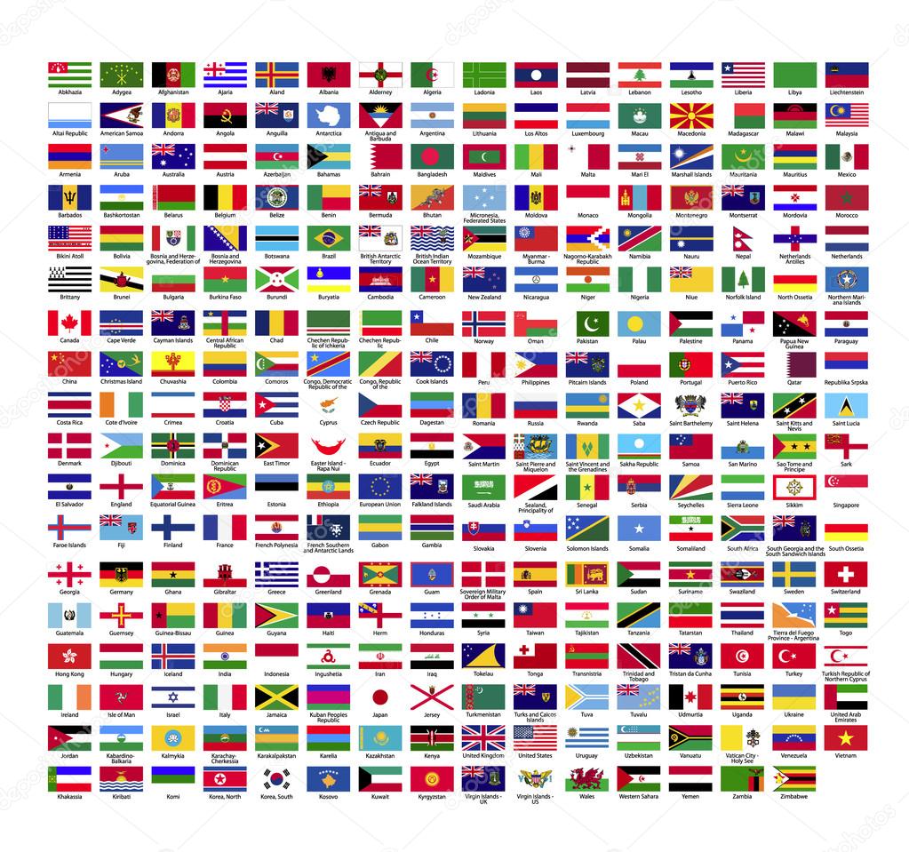Flags of 287 countries with names in layers