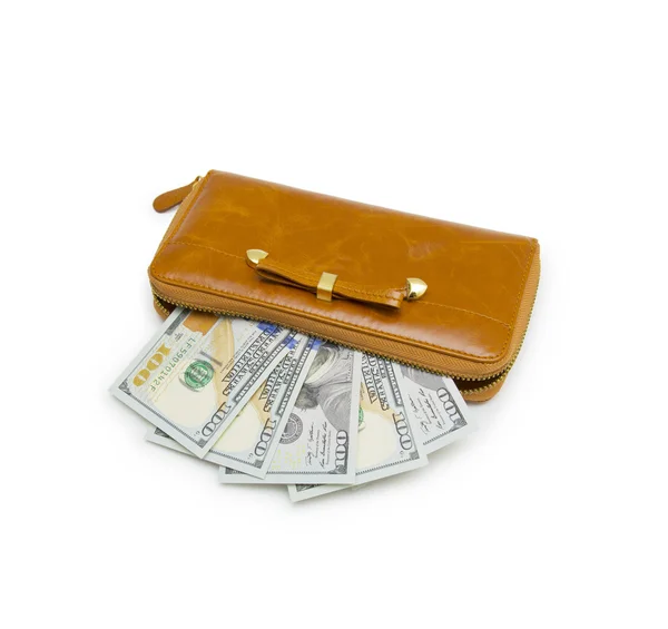 Purse with hundred dollar banknote isolated on white background — Stock Photo, Image