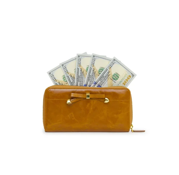 Purse with hundred dollar banknote isolated on white background — Stock Photo, Image