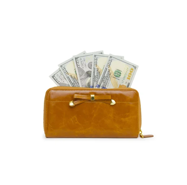 Purse with hundred dollar banknote isolated on white background — Stock Photo, Image