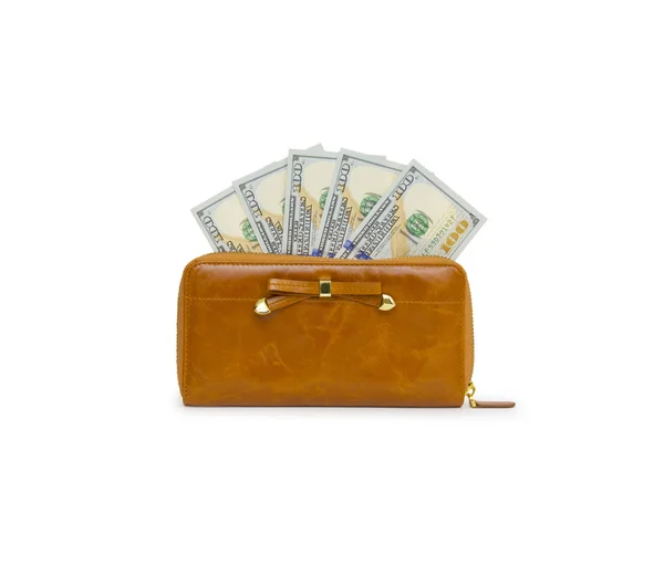 Purse with hundred dollar banknote isolated on white background — Stock Photo, Image