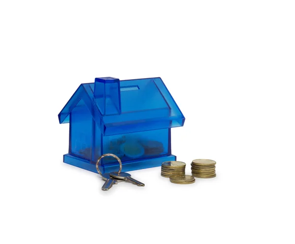 Small house with money and key isolated — Stock Photo, Image