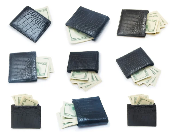 Set of a stack of dollars with leather purse isolated on a white — Stock Photo, Image