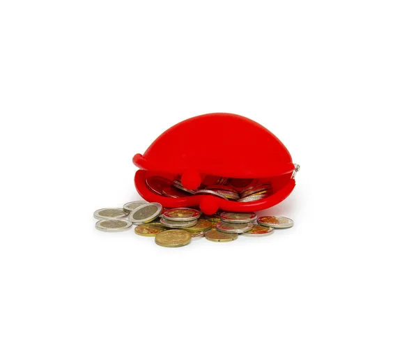 Red purse and coins on white background — Stock Photo, Image