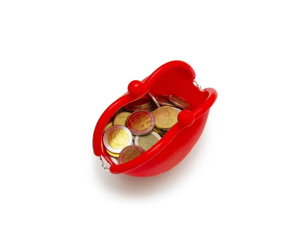 Red purse and coins on white background — Stock Photo, Image
