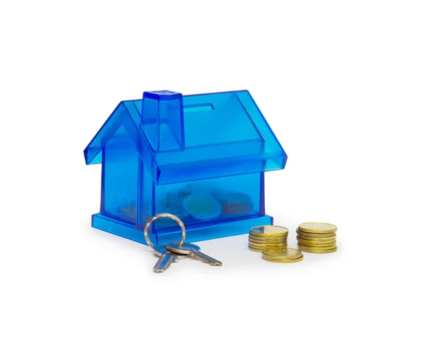 Small house with money and key isolated on white — Stock Photo, Image