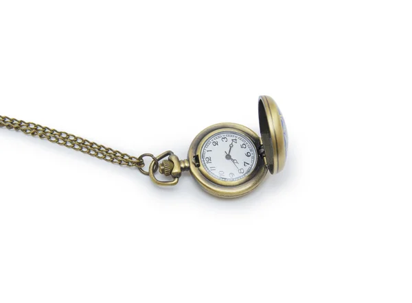 Pocket watch on white background, necklace isolated — Stock Photo, Image