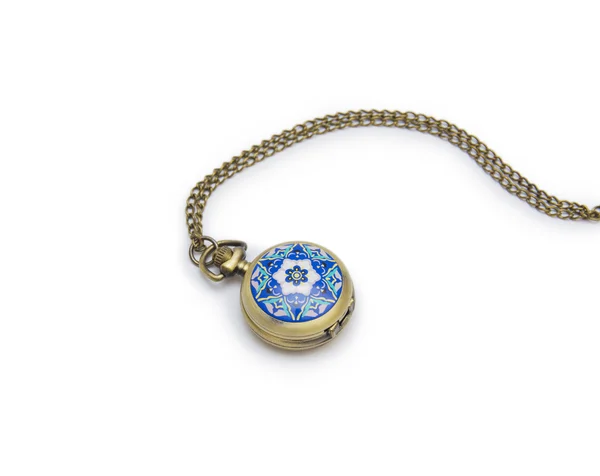 Pocket watch on white background, necklace isolated Stock Photo