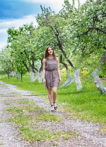 Young, beautiful, sexy woman in park on walk — Stock Photo, Image