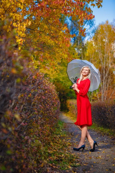 Menina queda parque árvores guarda-chuva — Fotografia de Stock