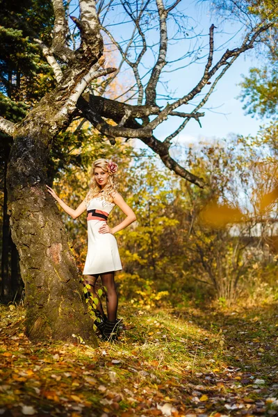 Portrait la fille tombe dans le bois — Photo