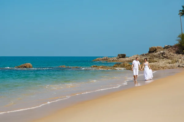 Novia novio mar palmera trópicos — Foto de Stock