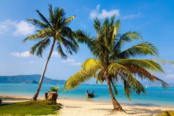 Landschap van de zee, de boot, een palmboom in Phuket — Stockfoto