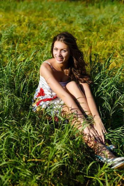 Happy young woman in the autumn wood of the mountain — Stock Photo, Image