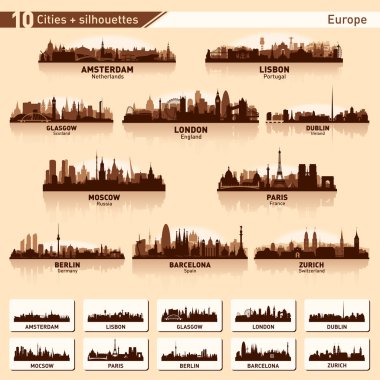 Şehir manzarası Avrupa # 1 10 vector silhouettes ayarla