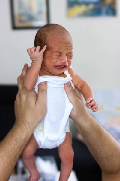 Crying Newborn Baby Very Cute Baby Boy Father Hands — Stock Photo, Image