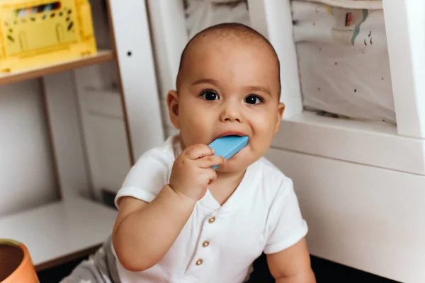 Sweet Little Baby Playing Floor Room Funny Baby Blue Wooden — Stock Photo, Image