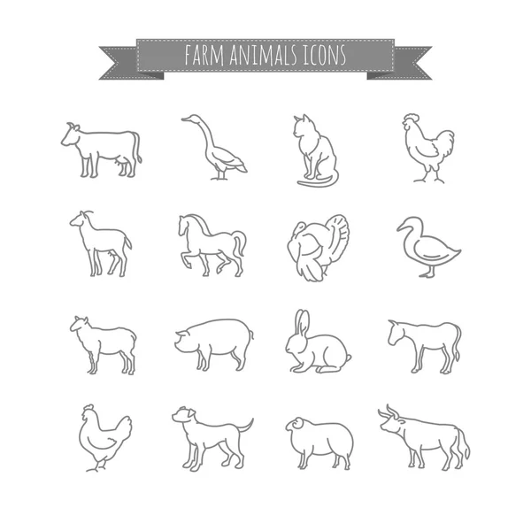 Farm animals vector thin line icons set — Stock Vector