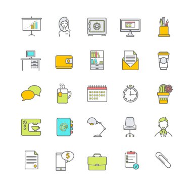 Ofis çalışma alanı vektör simgeleri ayarlandı