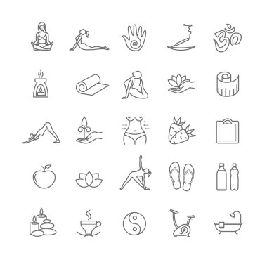 İnce çizgi yoga Icons set. Sağlık yaşam