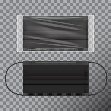 Şeffaf ambalajlı siyah yüz maskesi. Şeffaf arkaplanda gerçekçi bir model.
