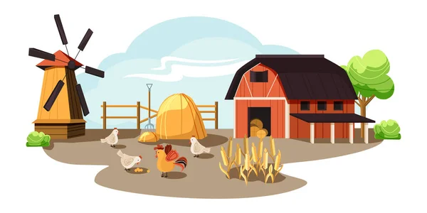 Boerderij op het platteland, rustiek landschap, schuur en molen, kippen en eieren. Dorp Rechtenvrije Stockillustraties